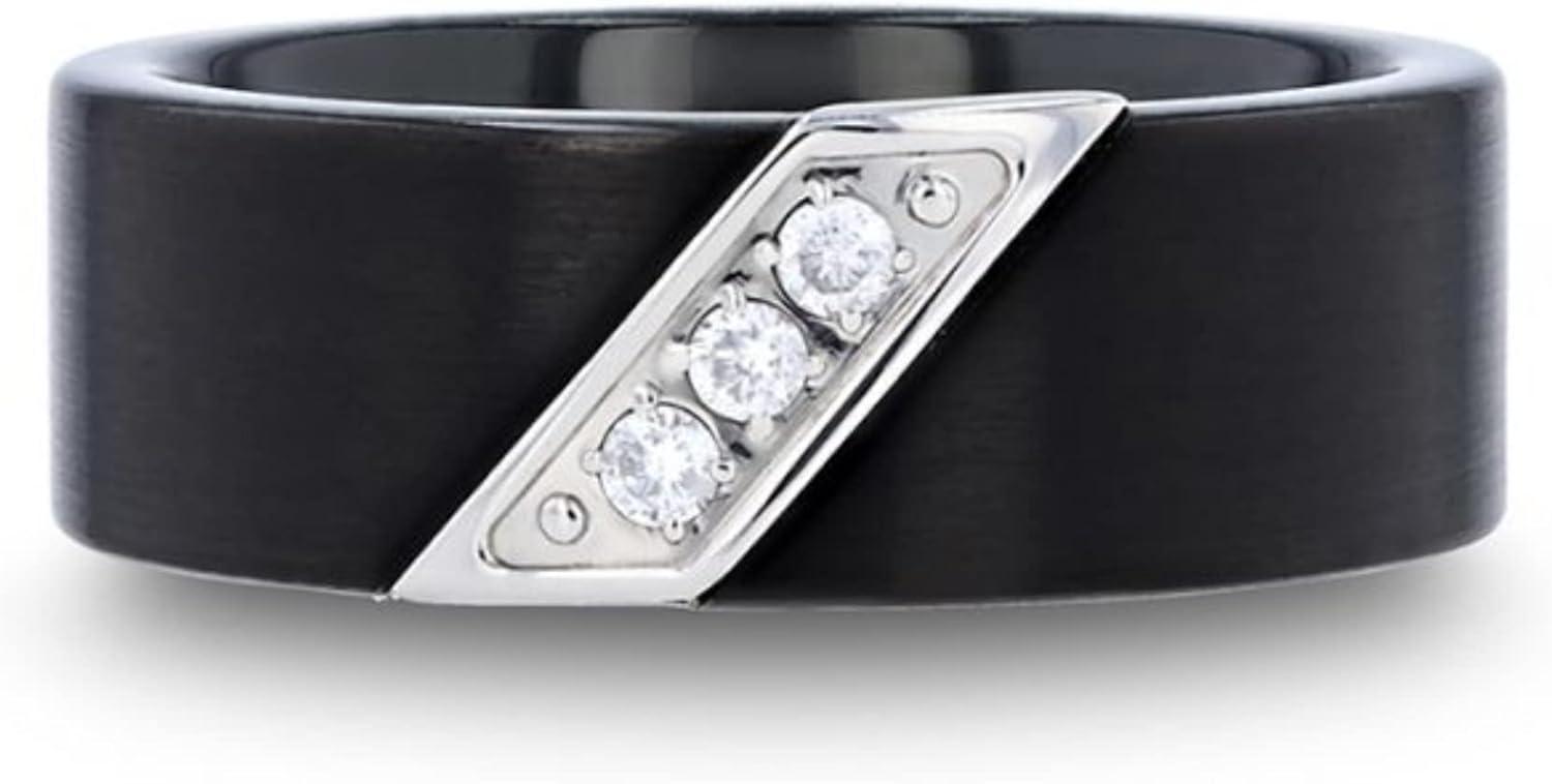 LIAM Flat Black Satin Finished Tungsten Carbide Wedding Band with Diagonal Diamonds Set in Stainless Steel - 8mm 5.5