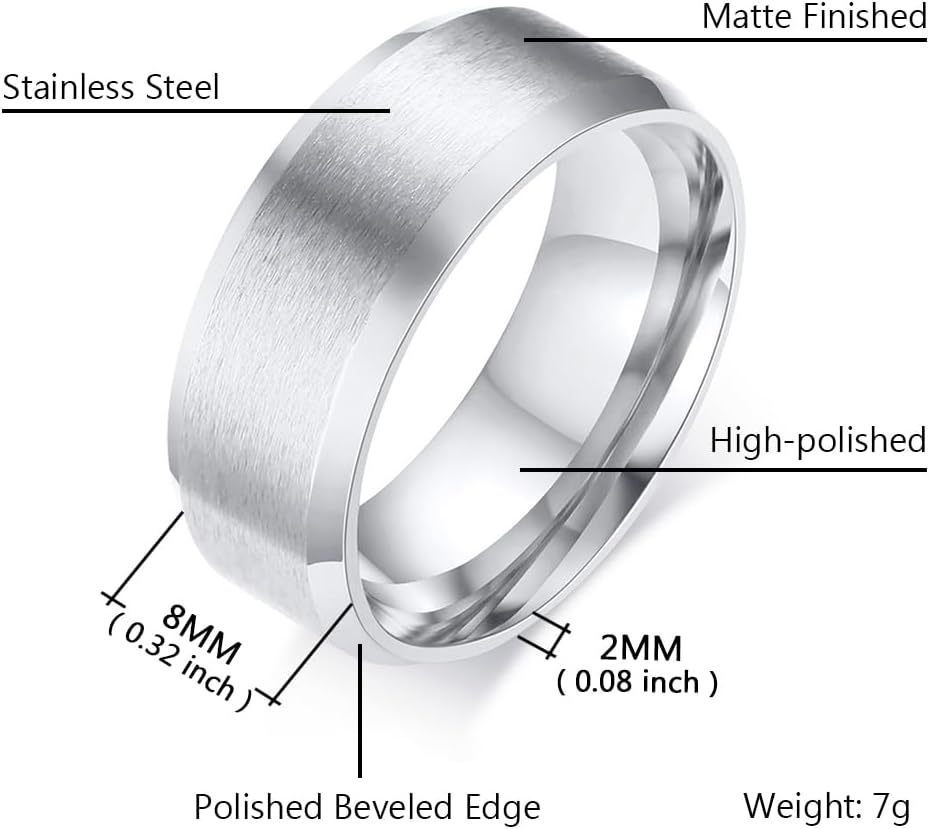 Men's Basic Brushed Matte Ring 4MM 6MM 8MM 10MM Black/Blue/Silver Stainless Steel Rings for Men Women Wedding Engagement Bands Matte Brushed Finish Beveled Polished Edges Comfort Fit Size 5-15 Silver